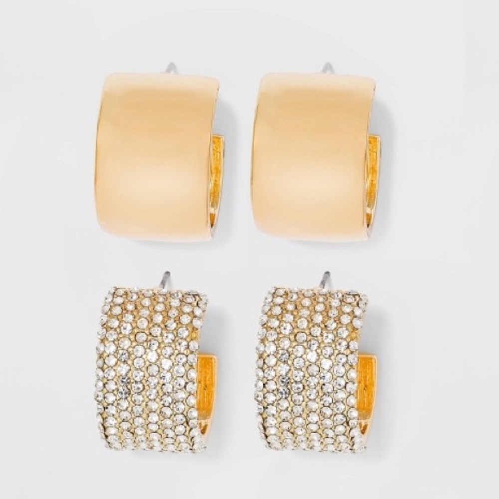SUGARFIX by BaubleBar Crystal Hoop Earring Set 2pc -‎ Gold, NWT